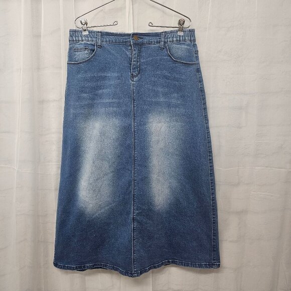 Blue Denim A-Line Midi Skirt Boho Faded Classic L - Picture 13 of 13